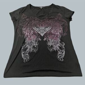 emo y2k 2000's ransom Women'sT-Shirt affliction black heart wings gems